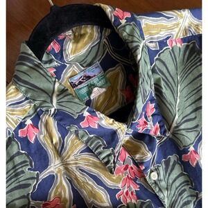 Vtg Reyn Spooner Shirt Mens XXL Blue Green Salmon Hawaiian Floral Short Sleeve